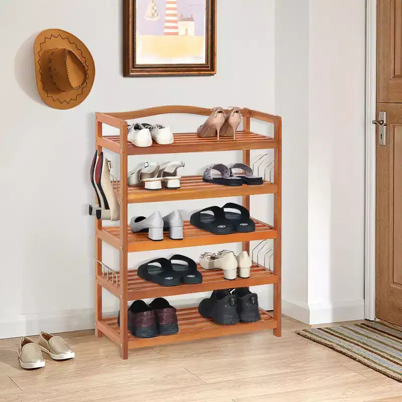 Costway Meuble à Chaussures à 5 Niveaux en Bois d'Acacia Massif avec Crochets Latéraux en Métal