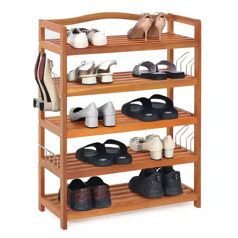 Costway Meuble à Chaussures à 5 Niveaux en Bois d'Acacia Massif avec Crochets Latéraux en Métal