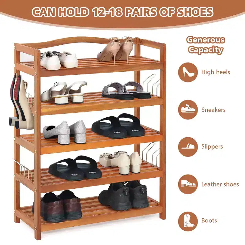Costway Meuble à Chaussures à 5 Niveaux en Bois d'Acacia Massif avec Crochets Latéraux en Métal