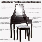 Coiffeuse Costway avec 10 ampoules dimmables, interrupteur tactile, tabouret rembourré Blanc/Noir/Marron