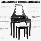 Coiffeuse Costway avec 10 ampoules dimmables, interrupteur tactile, tabouret rembourré Blanc/Noir/Marron