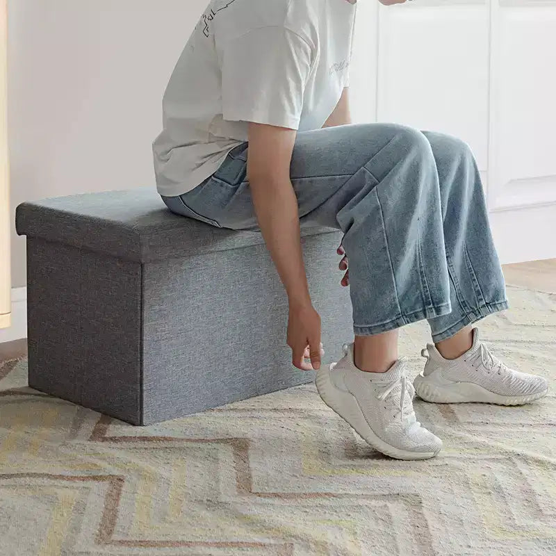 Costway Pouf de Rangement Pliant 76 cm avec Couvercle Relevable Banc de Bout de Lit Capacité 80L Gris Clair/Gris Foncé