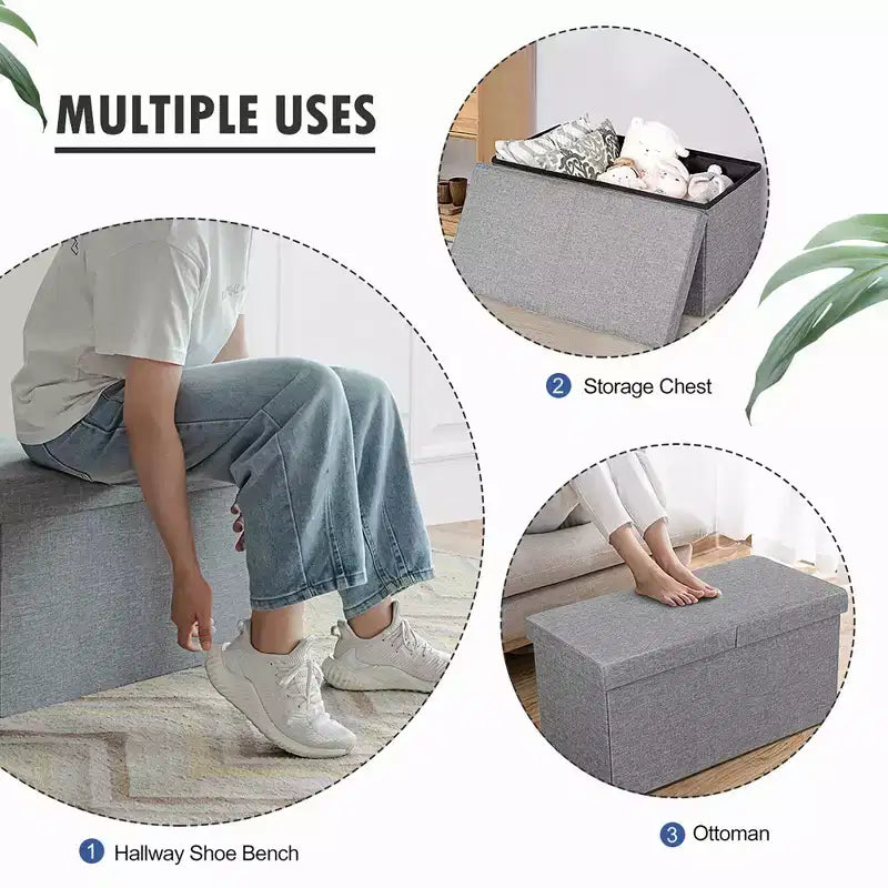 Costway Pouf de Rangement Pliant 76 cm avec Couvercle Relevable Banc de Bout de Lit Capacité 80L Gris Clair/Gris Foncé