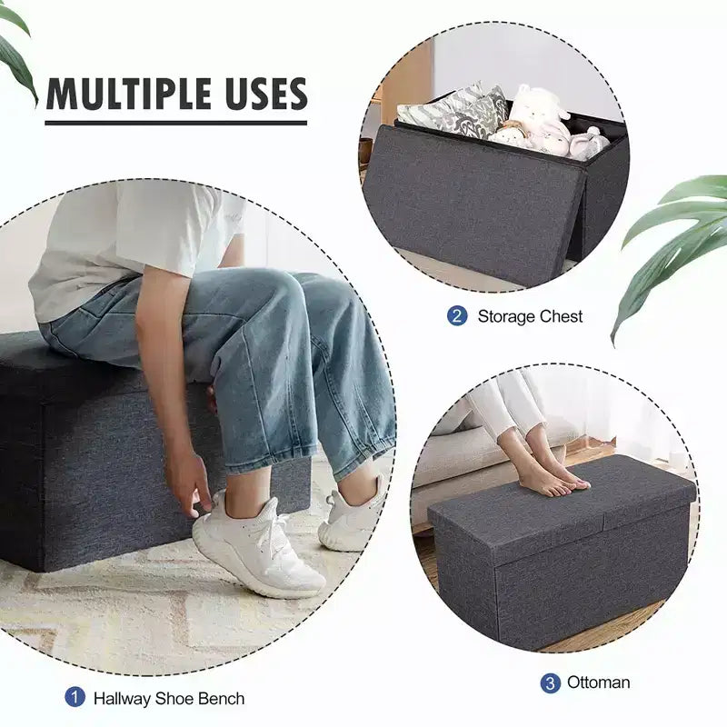 Costway Pouf de Rangement Pliant 76 cm avec Couvercle Relevable Banc de Bout de Lit Capacité 80L Gris Clair/Gris Foncé