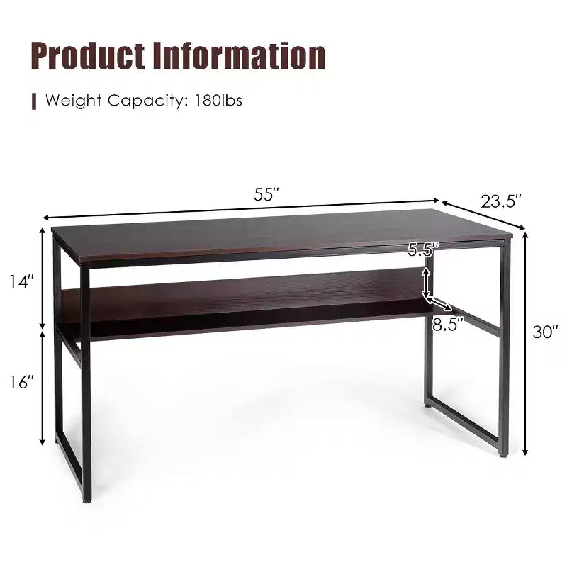 Bureau d'ordinateur industriel Costway 55'' avec étagère de rangement et pieds réglables