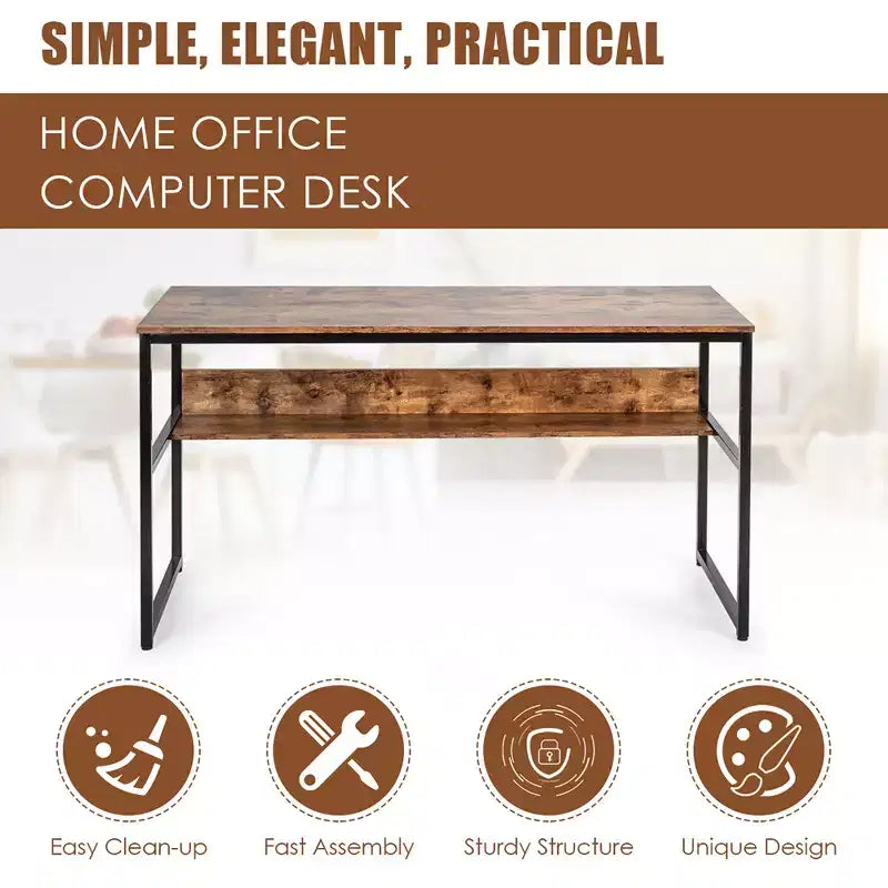 Bureau d'ordinateur industriel Costway 55'' avec étagère de rangement et pieds réglables
