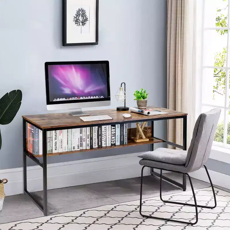 Bureau d'ordinateur industriel Costway 55'' avec étagère de rangement et pieds réglables