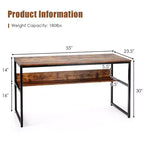 Bureau d'ordinateur industriel Costway 55'' avec étagère de rangement et pieds réglables