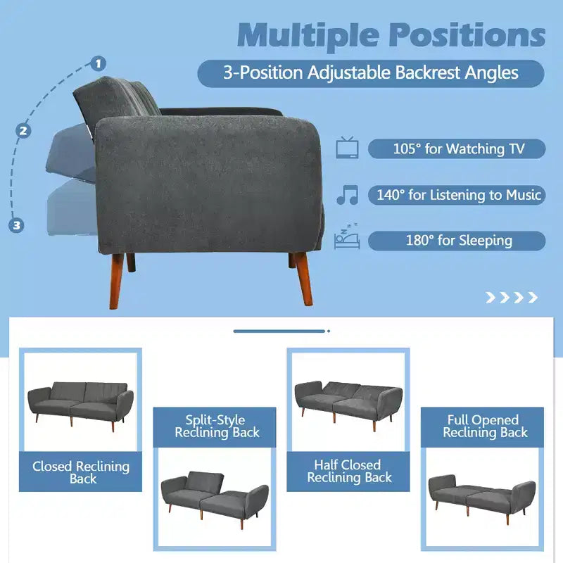 Canapé-lit futon convertible Costway avec pieds en bois réglable marine/gris/jaune