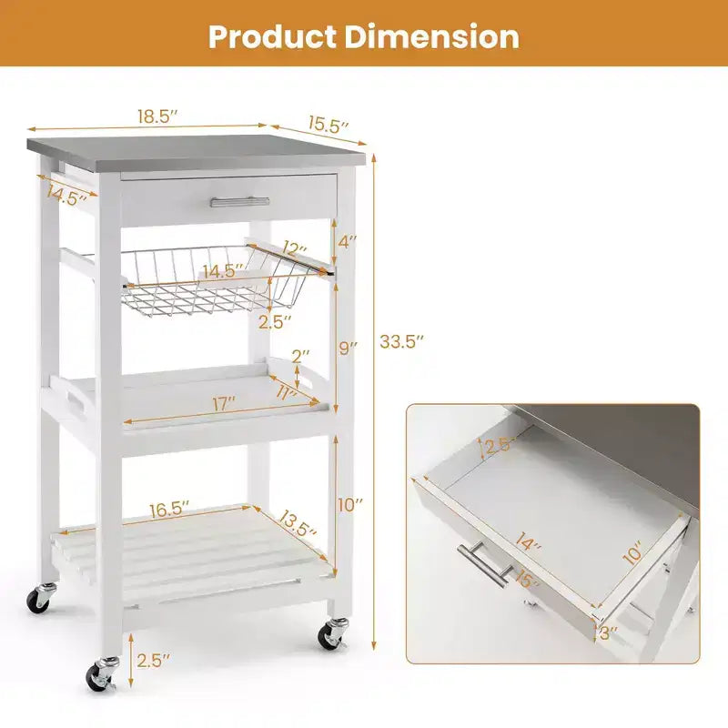 Chariot de service roulant Costway Compact Kitchen Island avec panier supérieur en acier inoxydable