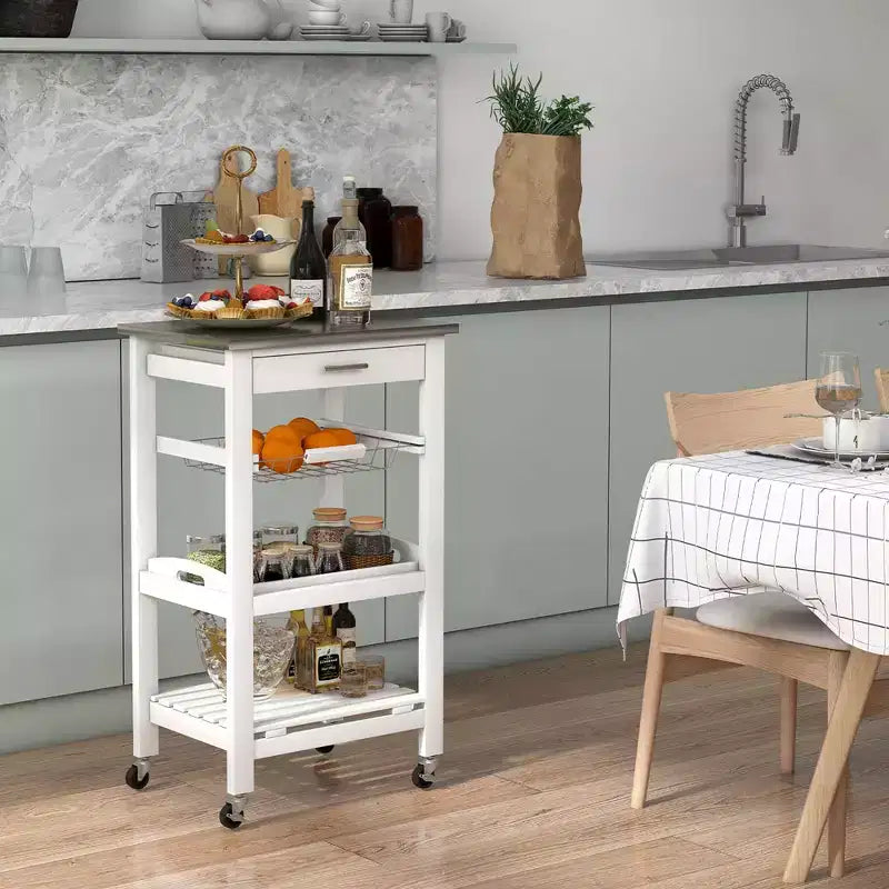 Chariot de service roulant Costway Compact Kitchen Island avec panier supérieur en acier inoxydable