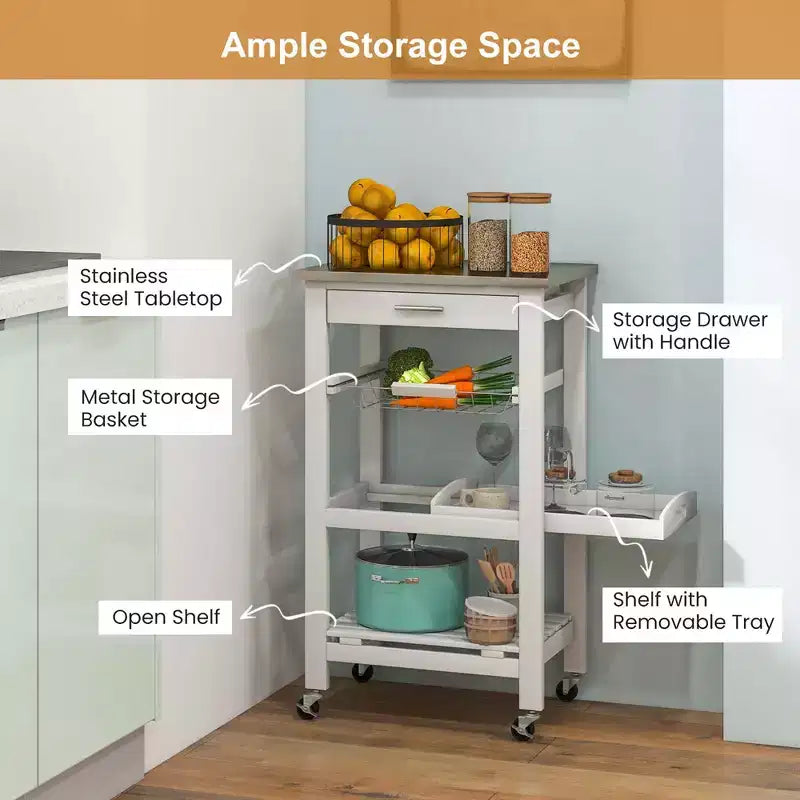 Chariot de service roulant Costway Compact Kitchen Island avec panier supérieur en acier inoxydable