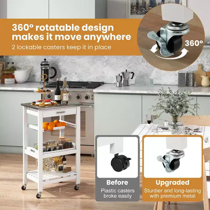 Chariot de service roulant Costway Compact Kitchen Island avec panier supérieur en acier inoxydable