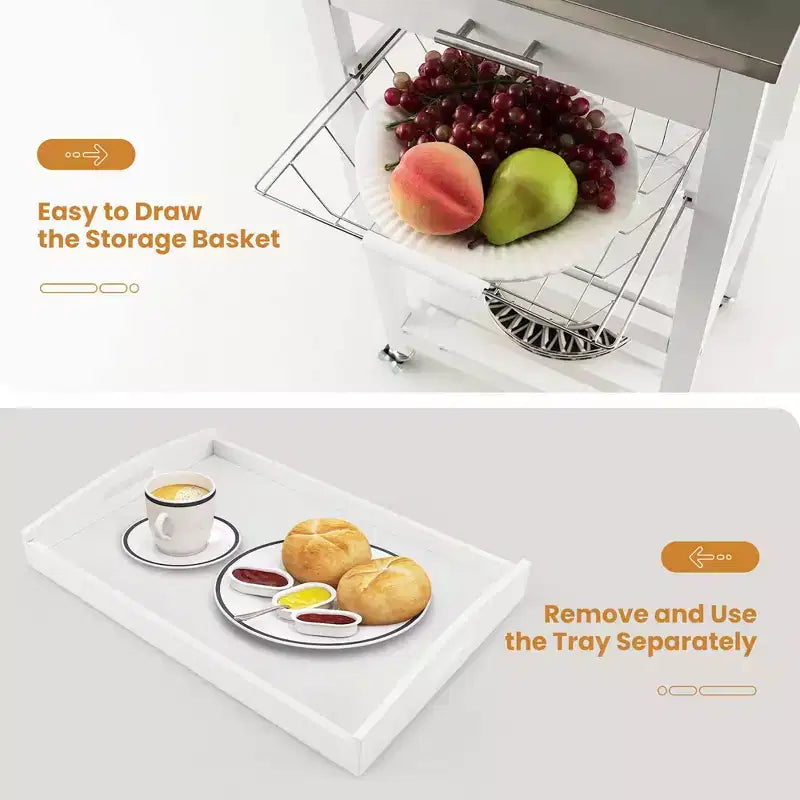 Chariot de service roulant Costway Compact Kitchen Island avec panier supérieur en acier inoxydable