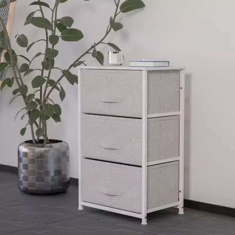 3 Drawer Wood Top Cast Iron Frame Vertical Storage Dresser with Easy Pull Fabric Drawers