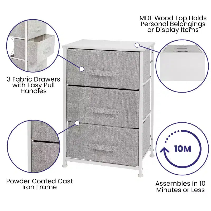3 Drawer Wood Top Cast Iron Frame Vertical Storage Dresser with Easy Pull Fabric Drawers