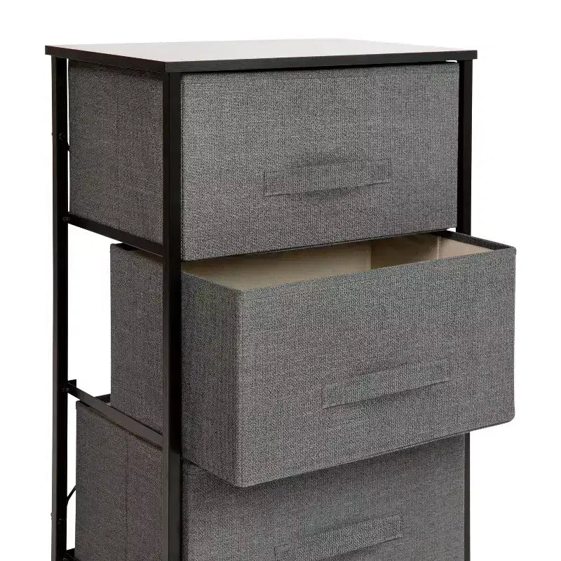 3 Drawer Wood Top Cast Iron Frame Vertical Storage Dresser with Easy Pull Fabric Drawers