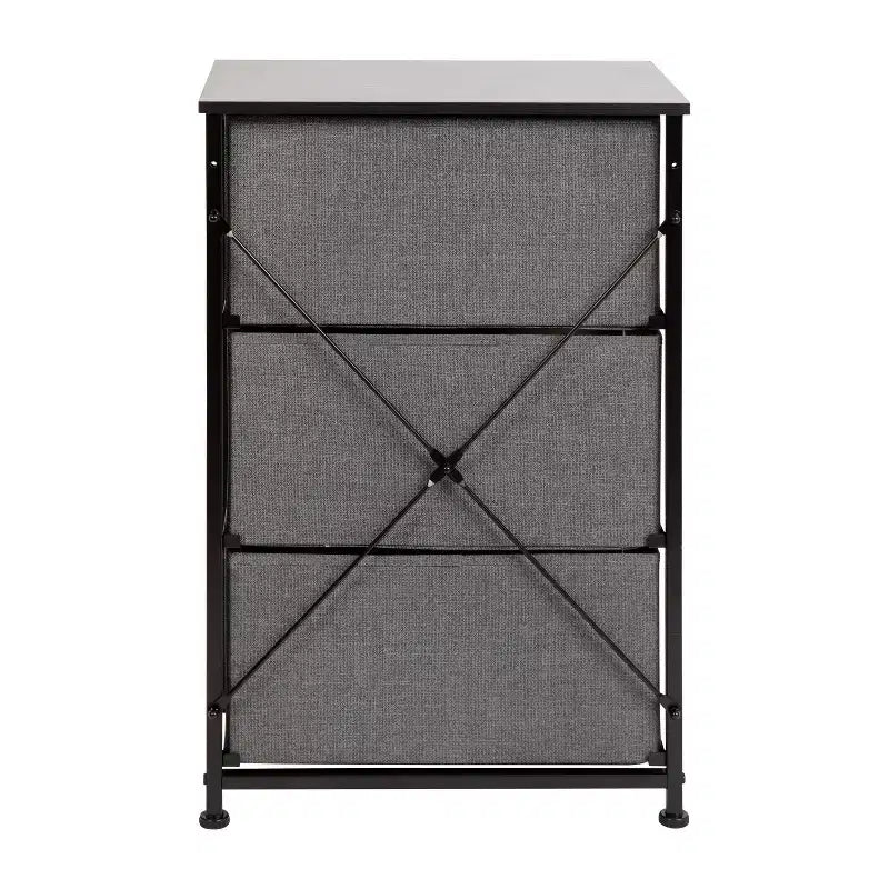3 Drawer Wood Top Cast Iron Frame Vertical Storage Dresser with Easy Pull Fabric Drawers