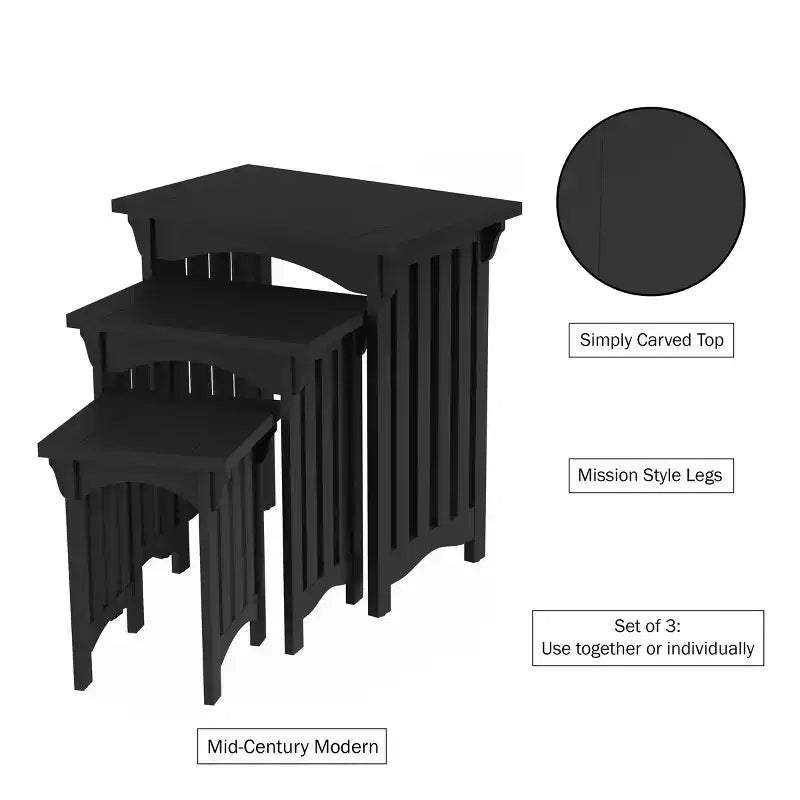 Lot de 3 tables gigognes – Tables basses traditionnelles avec pieds de style Mission pour salon, noires