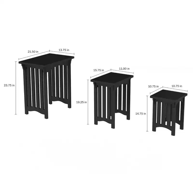 Lot de 3 tables gigognes – Tables basses traditionnelles avec pieds de style Mission pour salon, noires