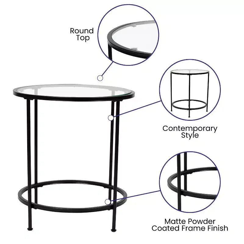 Table d'appoint ronde Astoria Collection - Table d'appoint moderne en verre transparent avec cadre noir mat