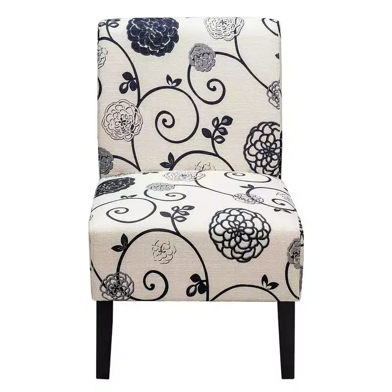 Fauteuil d'appoint sans accoudoirs en tissu avec pieds en bois d'hévéa, gris/beige/imprimé