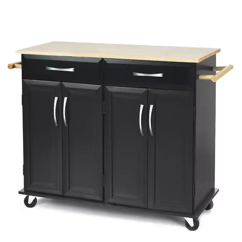 Desserte de cuisine roulante avec plateau en bois, armoire de rangement et tiroirs, noire