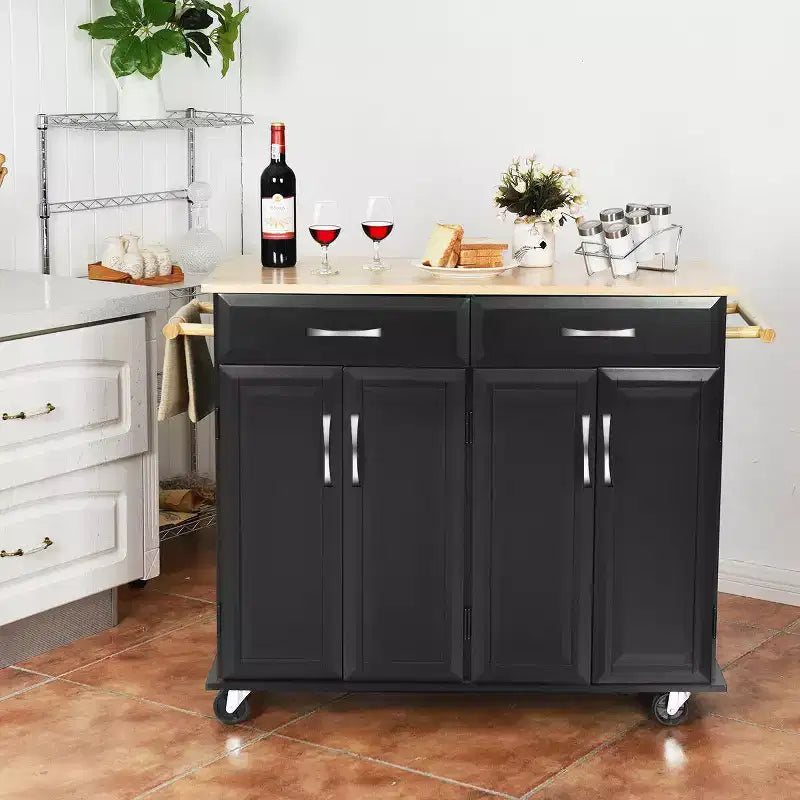 Desserte de cuisine roulante avec plateau en bois, armoire de rangement et tiroirs, noire