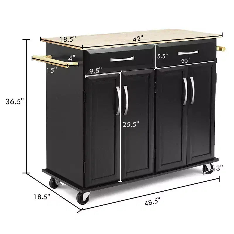 Desserte de cuisine roulante avec plateau en bois, armoire de rangement et tiroirs, noire