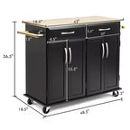 Desserte de cuisine roulante avec plateau en bois, armoire de rangement et tiroirs, noire