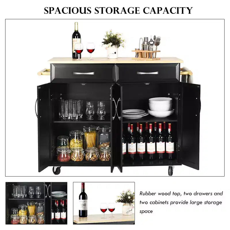 Desserte de cuisine roulante avec plateau en bois, armoire de rangement et tiroirs, noire