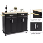 Desserte de cuisine roulante avec plateau en bois, armoire de rangement et tiroirs, noire
