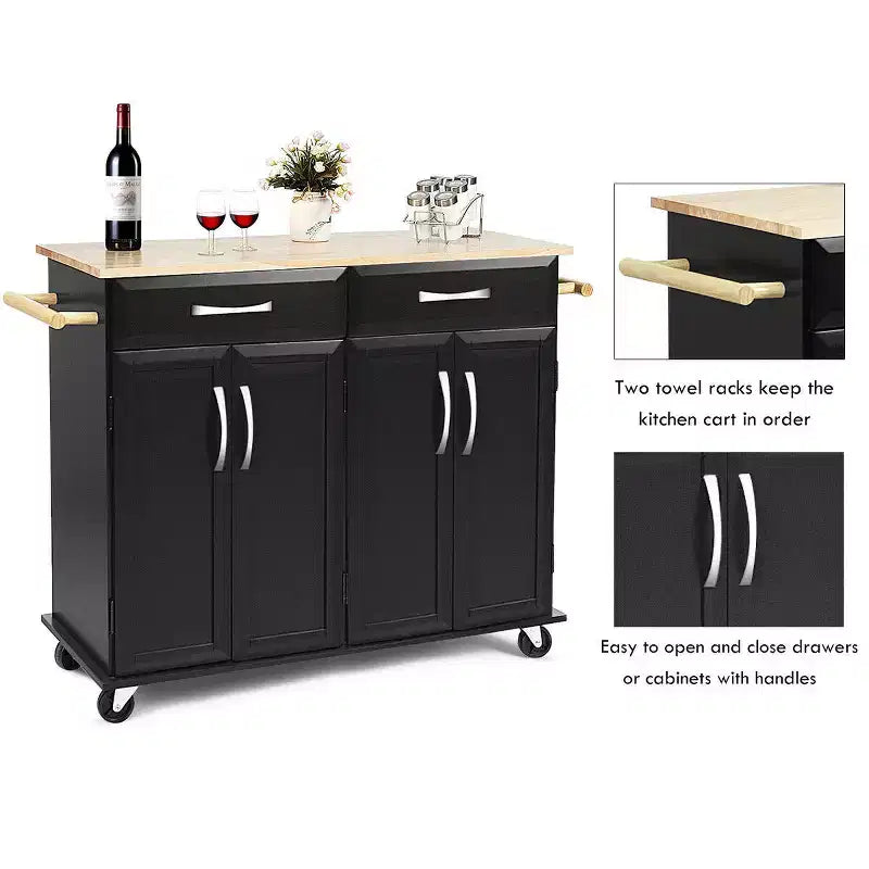 Desserte de cuisine roulante avec plateau en bois, armoire de rangement et tiroirs, noire