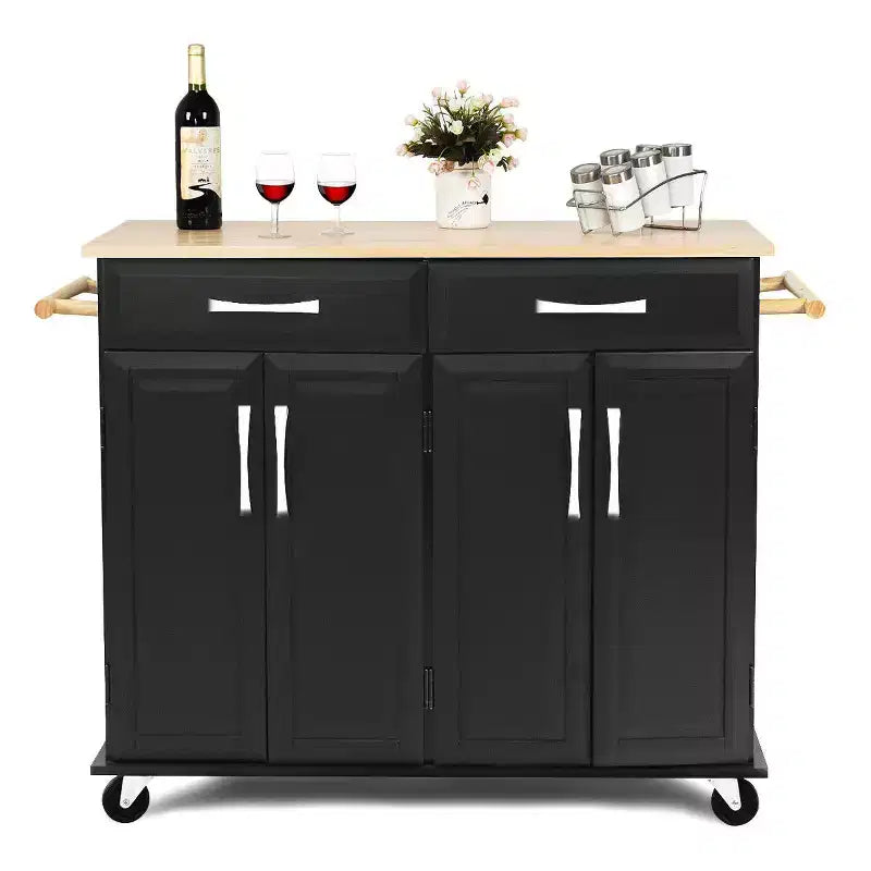 Desserte de cuisine roulante avec plateau en bois, armoire de rangement et tiroirs, noire