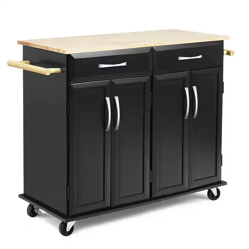 Desserte de cuisine roulante avec plateau en bois, armoire de rangement et tiroirs, noire