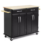 Desserte de cuisine roulante avec plateau en bois, armoire de rangement et tiroirs, noire