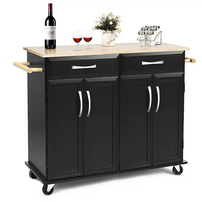 Desserte de cuisine roulante avec plateau en bois, armoire de rangement et tiroirs, noire