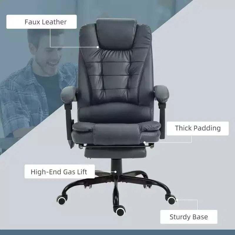Chaise de bureau de massage vibrante 7 points avec soutien lombaire, repose-pieds, dossier inclinable, hauteur réglable