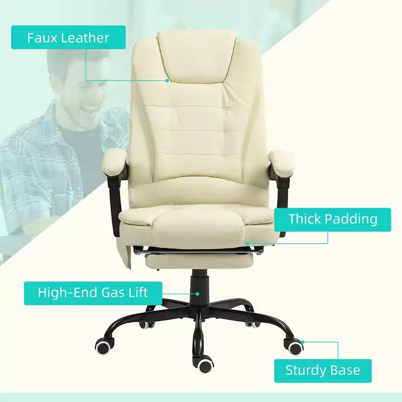 Chaise de bureau de massage vibrante 7 points avec soutien lombaire, repose-pieds, dossier inclinable, hauteur réglable