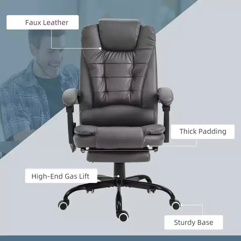 Chaise de bureau de massage vibrante 7 points avec soutien lombaire, repose-pieds, dossier inclinable, hauteur réglable