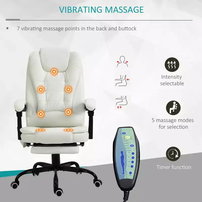 Chaise de bureau de massage vibrante 7 points avec soutien lombaire, repose-pieds, dossier inclinable, hauteur réglable