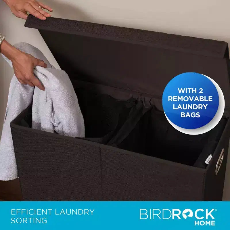 Panier à linge double en lin BirdRock Home avec couvercle et sac amovible - Noir