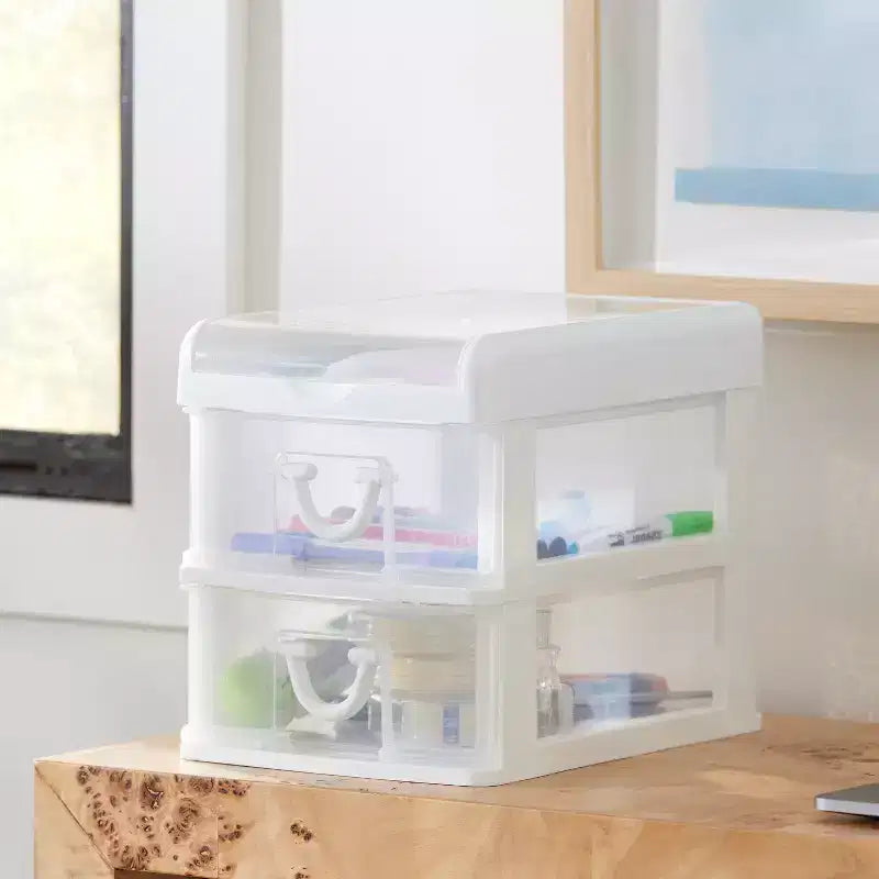 Mini organiseur de bureau Gracious Living avec 2 tiroirs transparents et rangement supérieur à rabat pour cosmétiques, articles d'art, d'artisanat et de papeterie