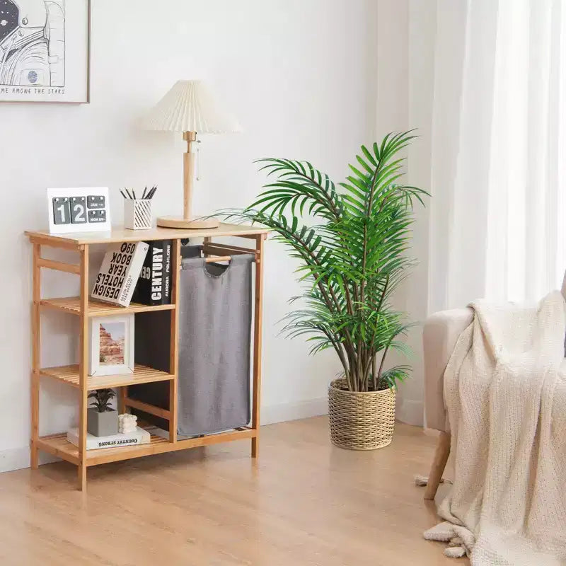 Panier à linge Costway en bambou avec étagères de rangement et sac coulissant