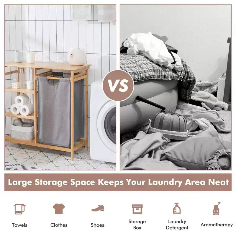 Panier à linge Costway en bambou avec étagères de rangement et sac coulissant