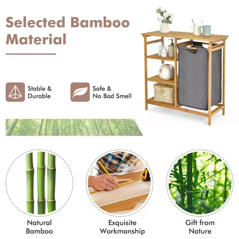 Panier à linge Costway en bambou avec étagères de rangement et sac coulissant