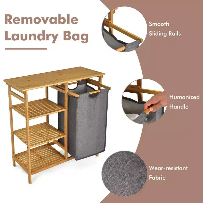 Panier à linge Costway en bambou avec étagères de rangement et sac coulissant