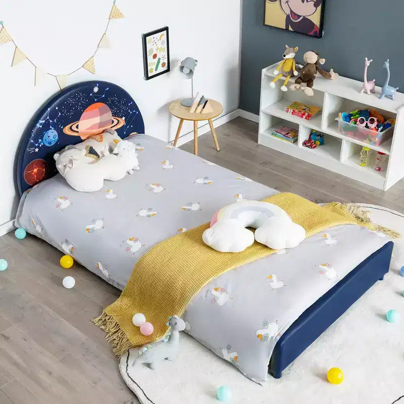 Costway Lit plateforme rembourré pour enfants Lit simple en bois motif galaxie