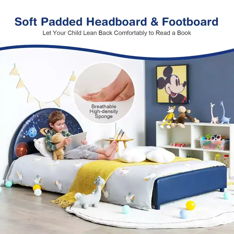 Costway Lit plateforme rembourré pour enfants Lit simple en bois motif galaxie