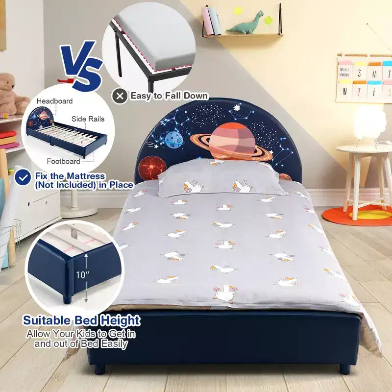 Costway Lit plateforme rembourré pour enfants Lit simple en bois motif galaxie